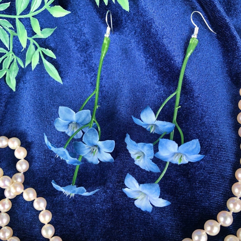 Light Blue Flower Stem Dangle Earrings